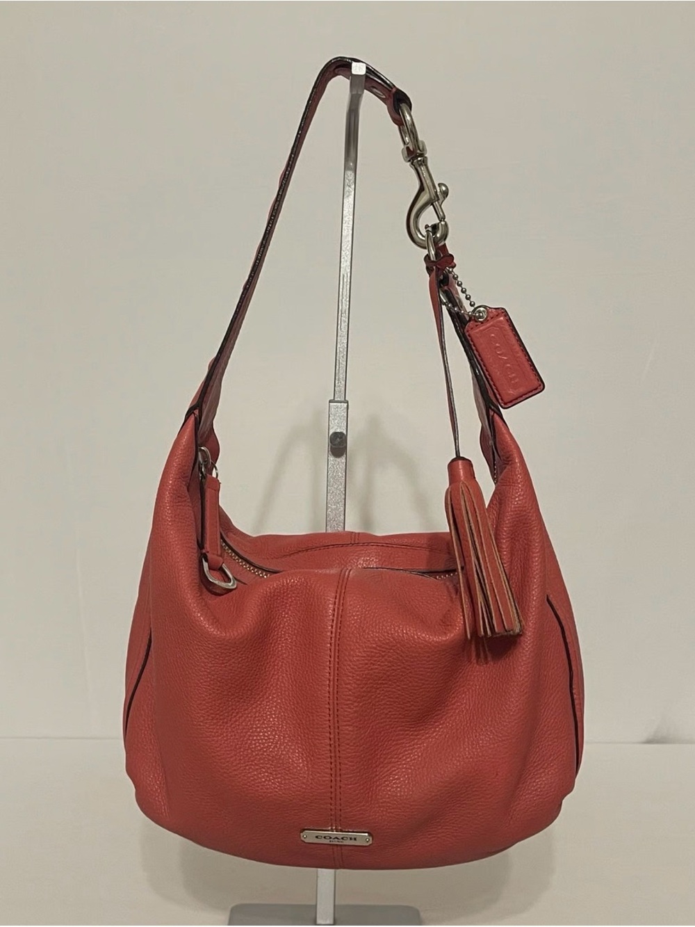 Coach Coral Red Pebbled Leather Hobo with Tassel